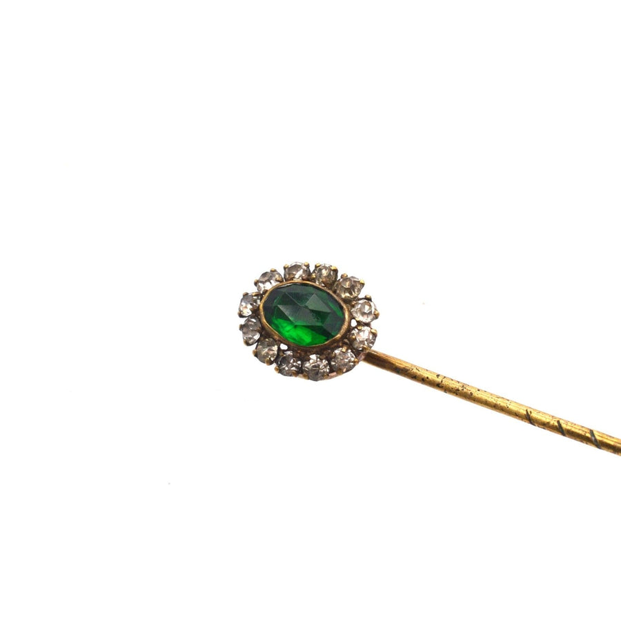 Art Deco green emerald and white paste tie pin with gold-tone backing, ideal for elegant silk ties.