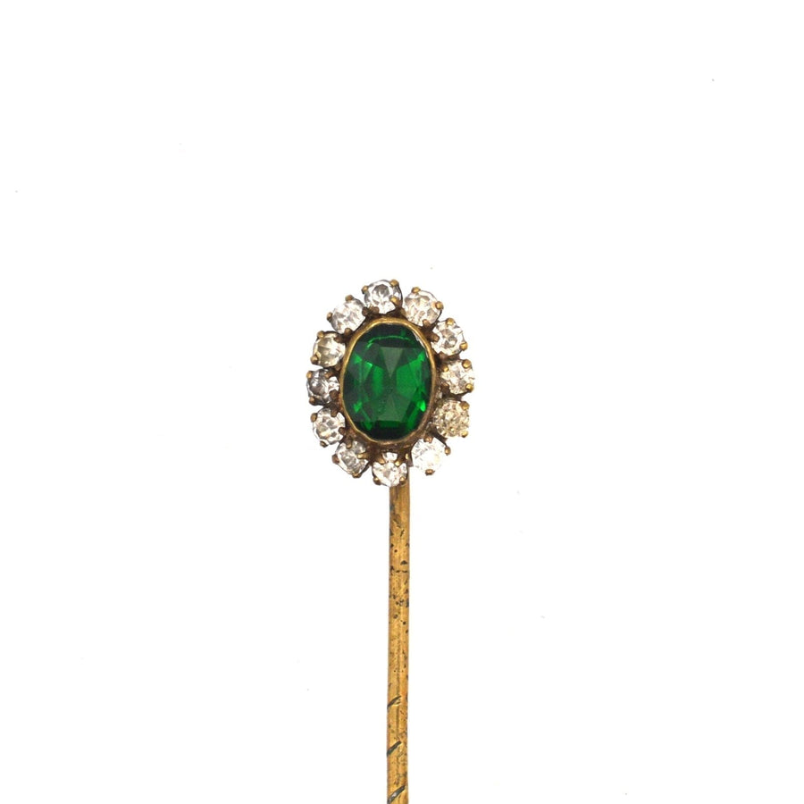 Art Deco green 'Emerald' tie pin with white paste stones, perfect for adding elegance to colorful silk ties.