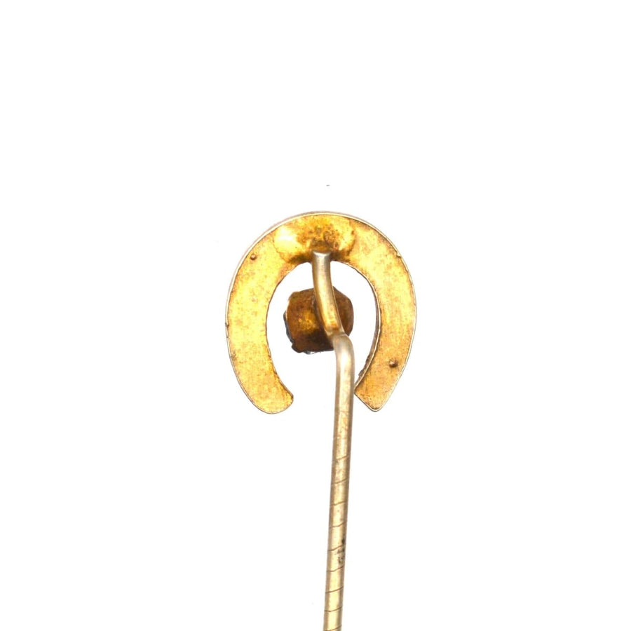 Art Deco horseshoe tie pin with clear paste, a symbol of luck and protection, crafted in timeless style.