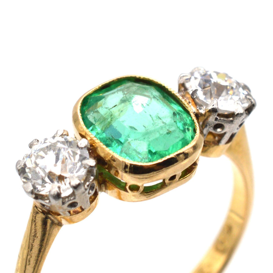 Art Deco Platinum & 18ct Gold Emerald & Diamond Three Stone Ring | Parkin and Gerrish | Antique & Vintage Jewellery