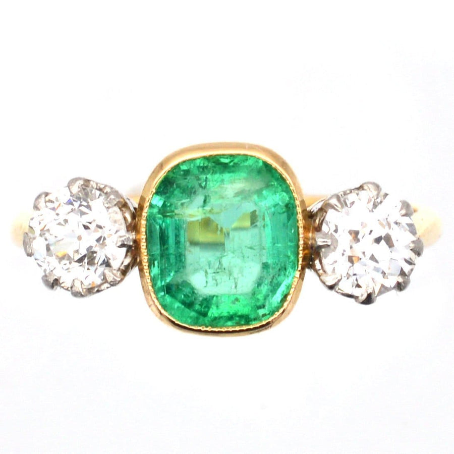 Art Deco Platinum & 18ct Gold Emerald & Diamond Three Stone Ring | Parkin and Gerrish | Antique & Vintage Jewellery