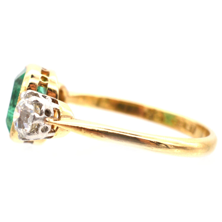 Art Deco Platinum & 18ct Gold Emerald & Diamond Three Stone Ring | Parkin and Gerrish | Antique & Vintage Jewellery