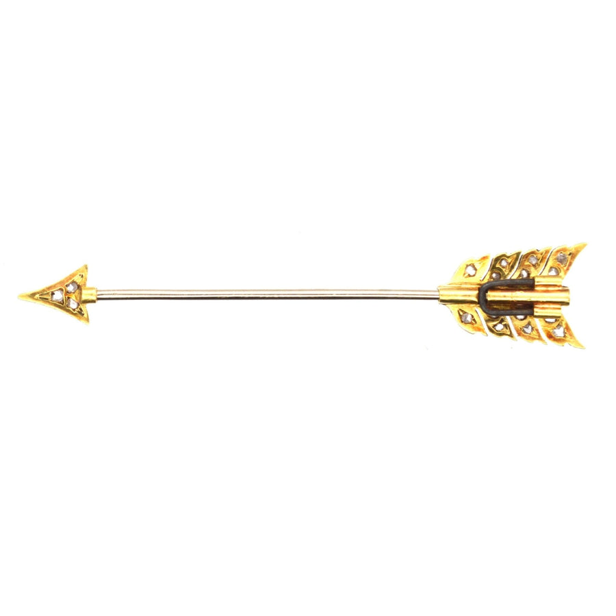 Art Deco platinum and 18ct gold arrow jabot pin brooch with rose cut diamonds, perfect for lapels or ties.