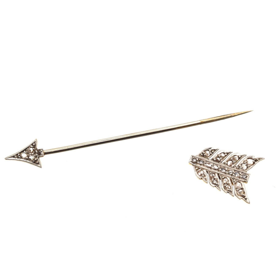 Art Deco platinum and gold jabot pin brooch featuring rose cut diamonds, designed as an arrow.
