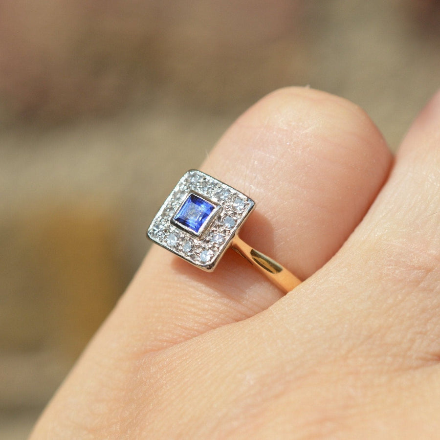 Art Deco Platinum & 18ct Gold, Sapphire and Diamond Square Cluster Ring | Parkin and Gerrish | Antique & Vintage Jewellery