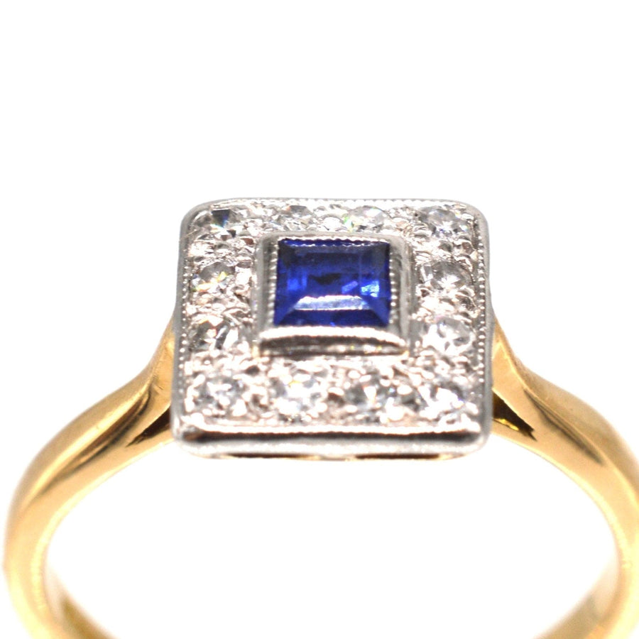 Art Deco Platinum & 18ct Gold, Sapphire and Diamond Square Cluster Ring | Parkin and Gerrish | Antique & Vintage Jewellery