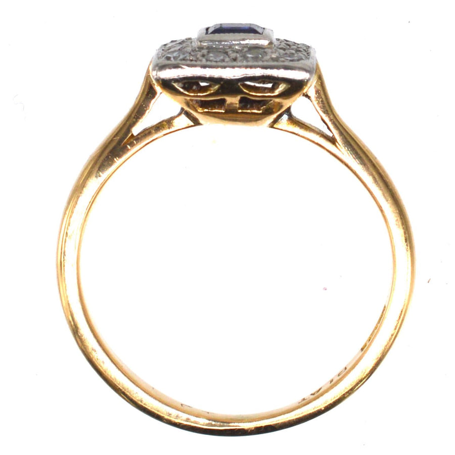 Art Deco Platinum & 18ct Gold, Sapphire and Diamond Square Cluster Ring | Parkin and Gerrish | Antique & Vintage Jewellery