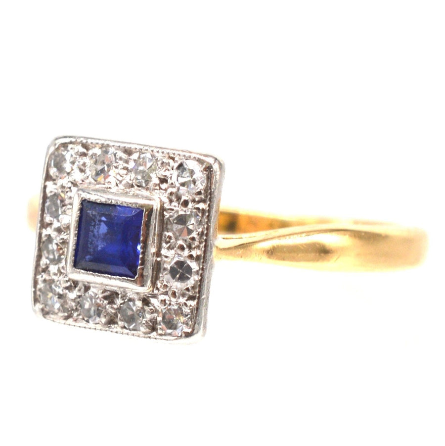 Art Deco Platinum & 18ct Gold, Sapphire and Diamond Square Cluster Ring | Parkin and Gerrish | Antique & Vintage Jewellery