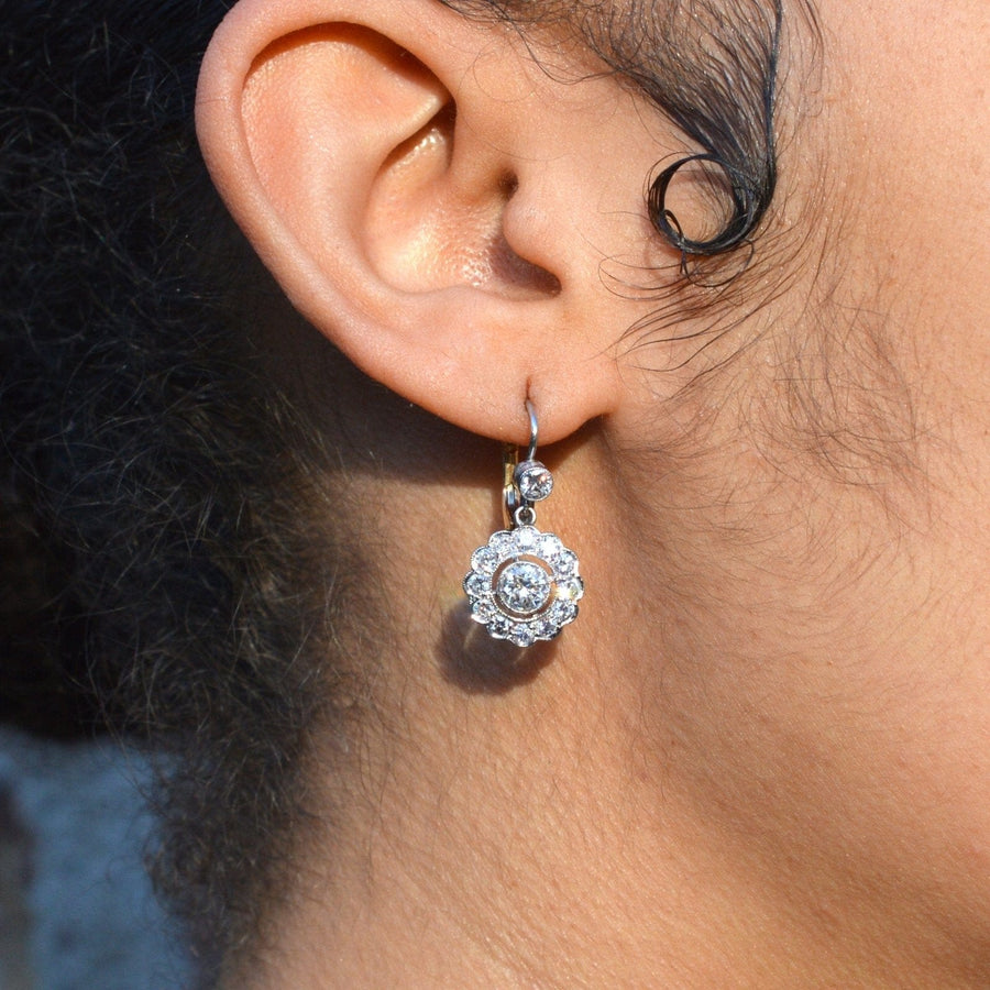 Art Deco Platinum and 18ct Gold, Diamond Cluster Drop Earrings | Parkin and Gerrish | Antique & Vintage Jewellery