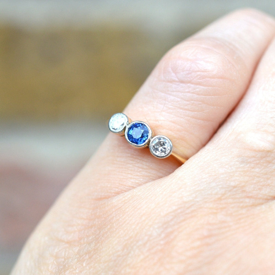 Art Deco Platinum and 18ct Gold, Three Stone Sapphire and Diamond Bezel Ring | Parkin and Gerrish | Antique & Vintage Jewellery