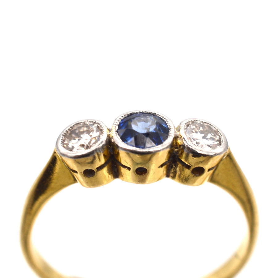 Art Deco Platinum and 18ct Gold, Three Stone Sapphire and Diamond Bezel Ring | Parkin and Gerrish | Antique & Vintage Jewellery