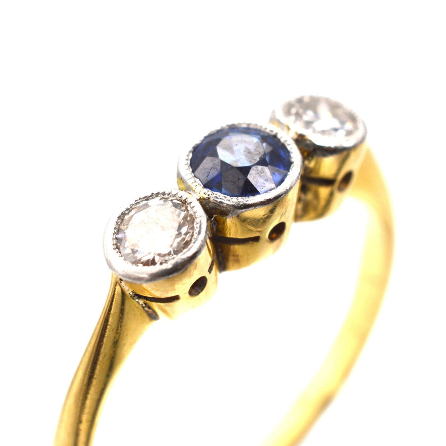 Art Deco Platinum and 18ct Gold, Three Stone Sapphire and Diamond Bezel Ring | Parkin and Gerrish | Antique & Vintage Jewellery