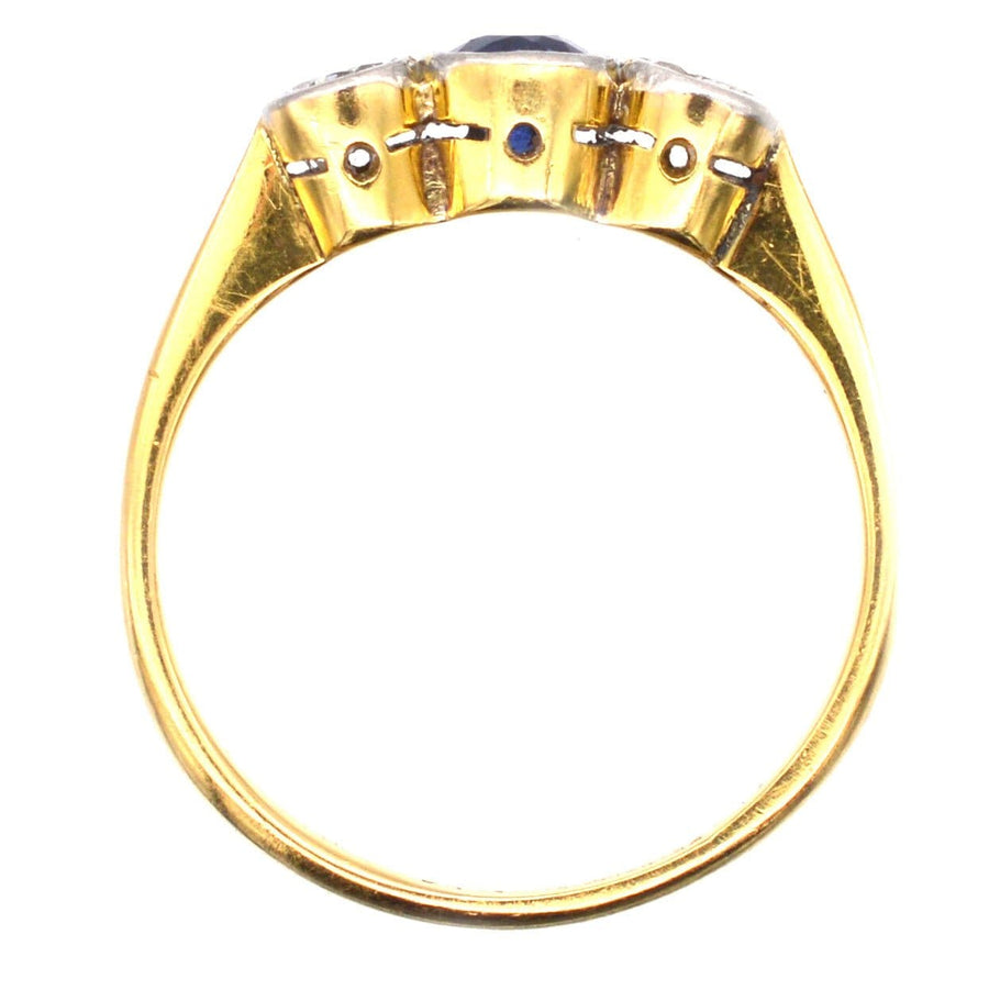 Art Deco Platinum and 18ct Gold, Three Stone Sapphire and Diamond Bezel Ring | Parkin and Gerrish | Antique & Vintage Jewellery