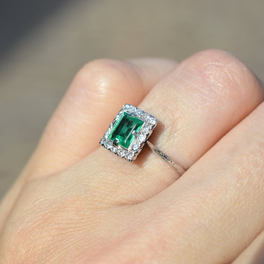 Art Deco Platinum Rectangular Emerald and Diamond Cluster Ring | Parkin and Gerrish | Antique & Vintage Jewellery