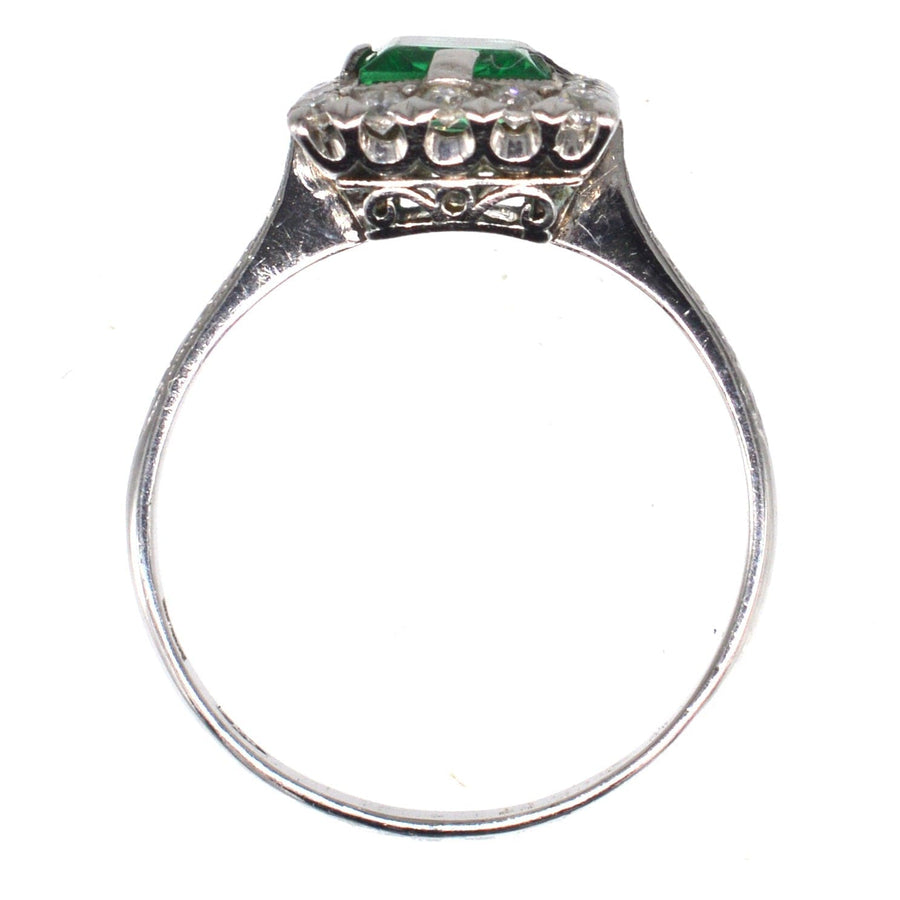 Art Deco Platinum Rectangular Emerald and Diamond Cluster Ring | Parkin and Gerrish | Antique & Vintage Jewellery