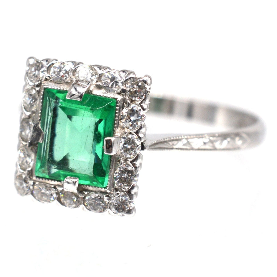 Art Deco Platinum Rectangular Emerald and Diamond Cluster Ring | Parkin and Gerrish | Antique & Vintage Jewellery