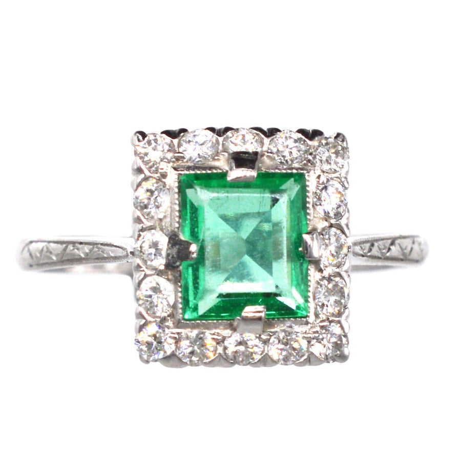 Art Deco Platinum Rectangular Emerald and Diamond Cluster Ring | Parkin and Gerrish | Antique & Vintage Jewellery