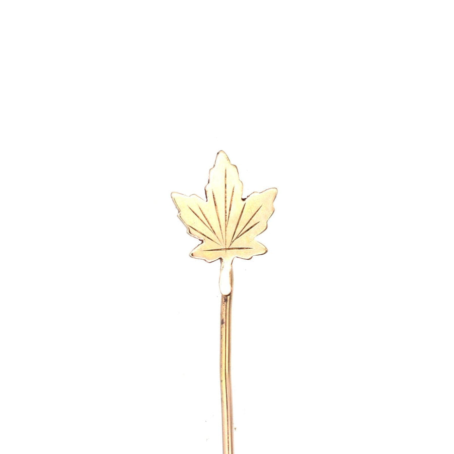 Art Deco rolled gold plate maple leaf tie pin, symbolizing Canada and Celtic mythology.