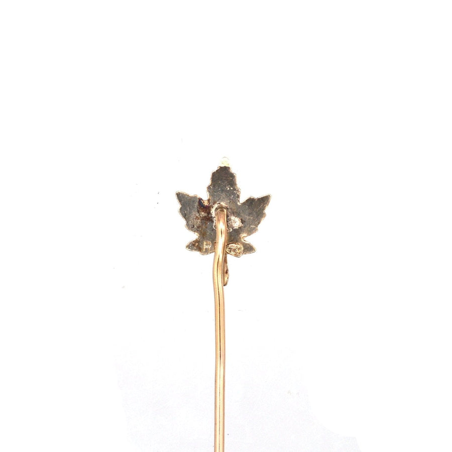 Art Deco rolled gold plate maple leaf tie pin, symbolizing Canada and believed to repel evil spirits.