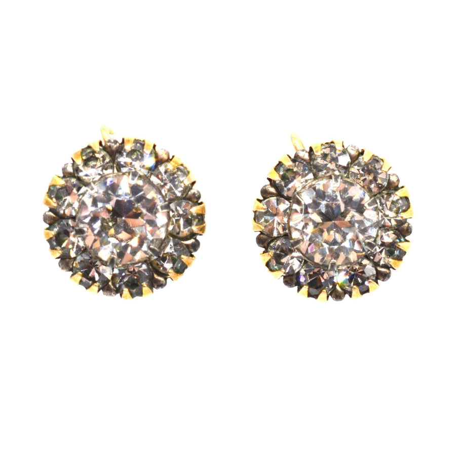 Art Deco cluster earrings featuring sparkling white paste stones set in 9ct gold for a grand effect.