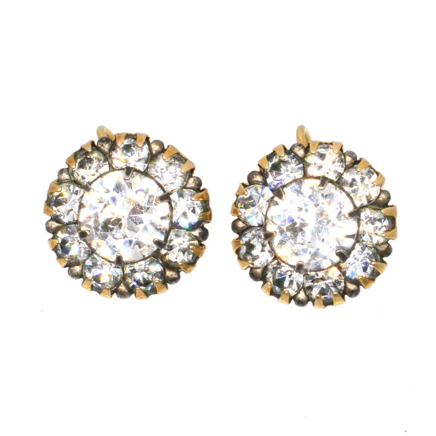 Art Deco cluster earrings in silver and 9ct gold with sparkling white paste diamonds, showcasing vintage elegance.