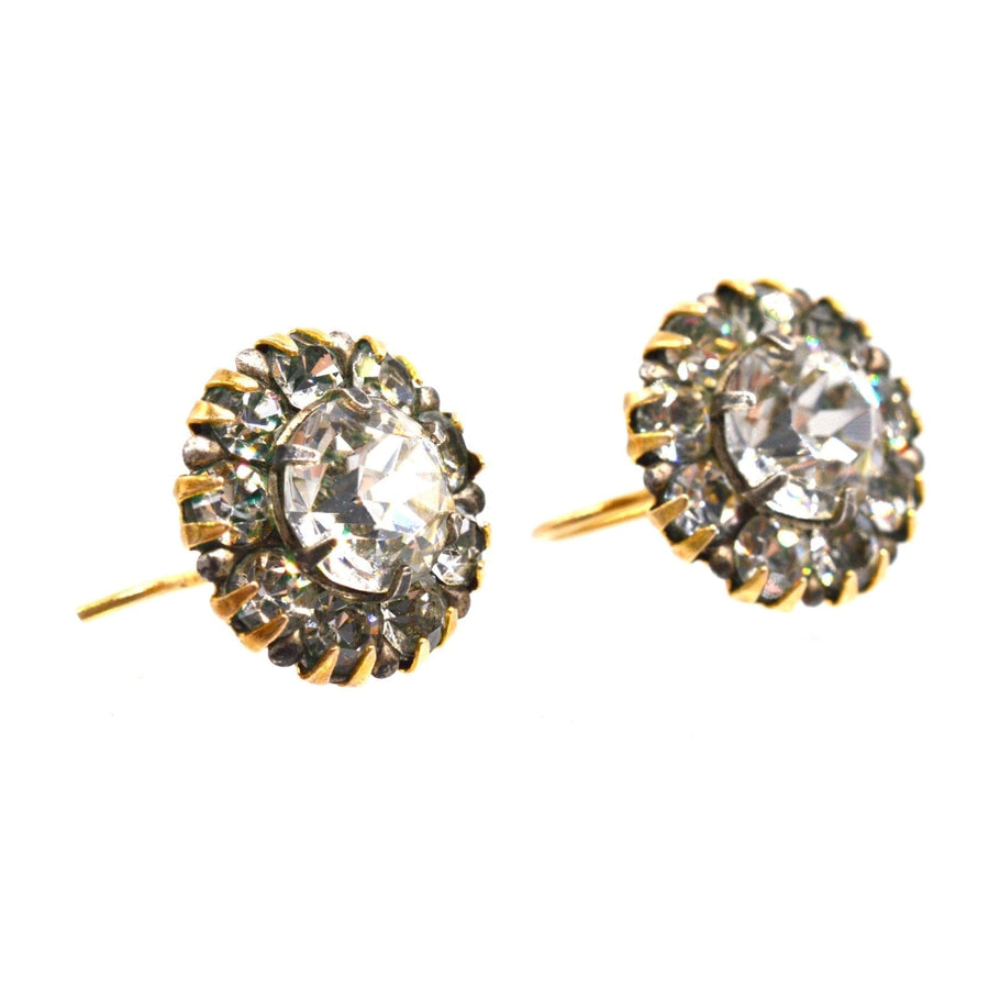 Art Deco silver and 9ct gold diamond white paste cluster earrings with sparkling stones.