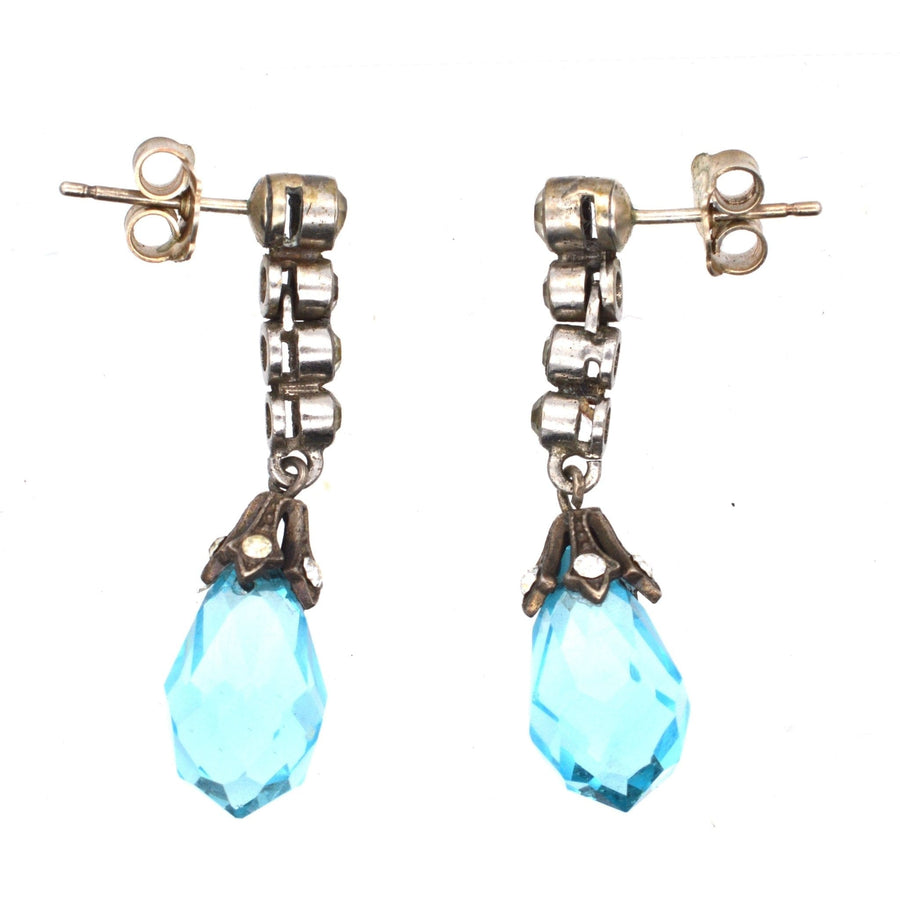 Art Deco silver earrings with blue and white paste, featuring faceted blue drops that imitate aquamarines.