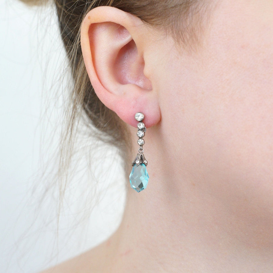Art Deco silver earrings with blue and white paste, sparkling elegant design, perfect for a grand look.
