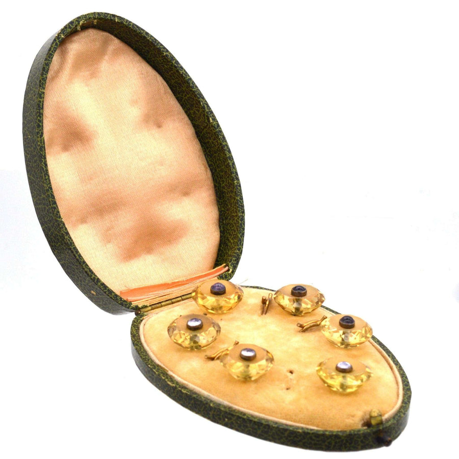 Art Deco silver dress set featuring citrine and amethyst in original box, ideal for cufflinks or studs.
