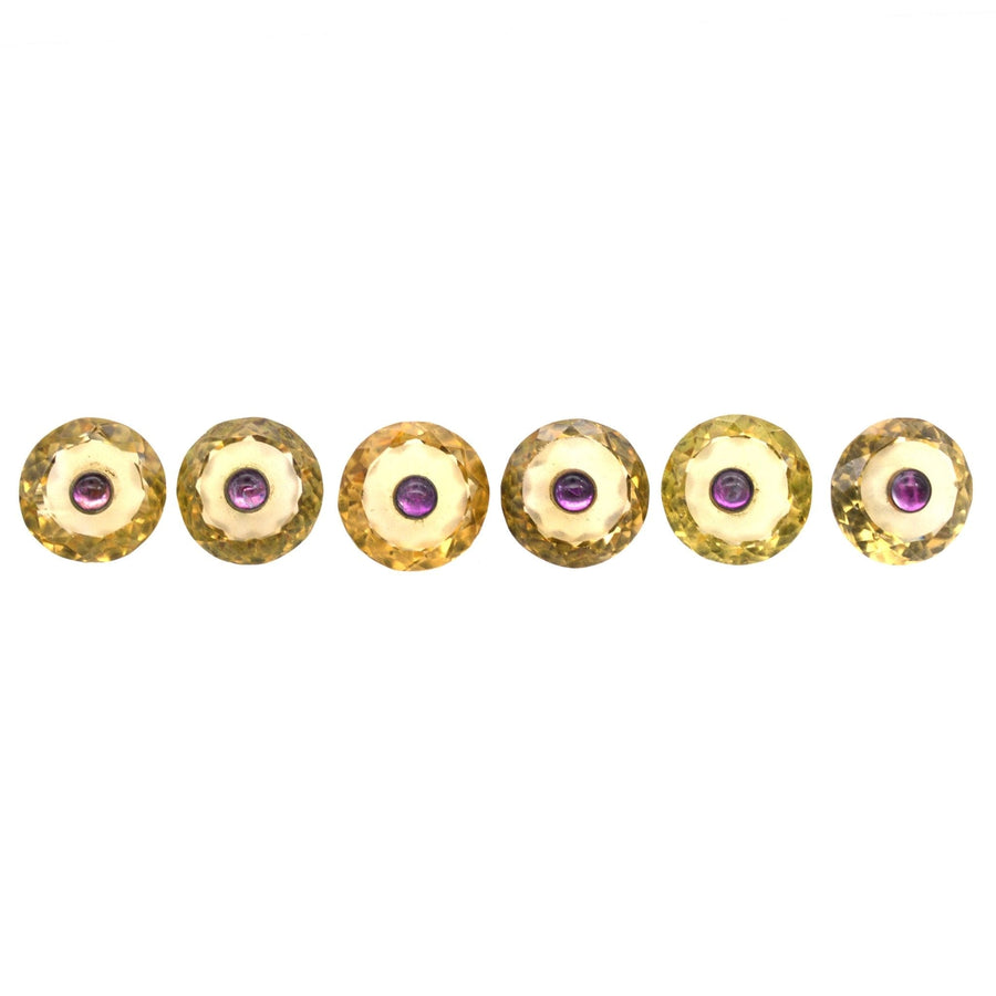 Art Deco silver dress set featuring citrine and amethyst studs, perfect for cufflinks, in original box.
