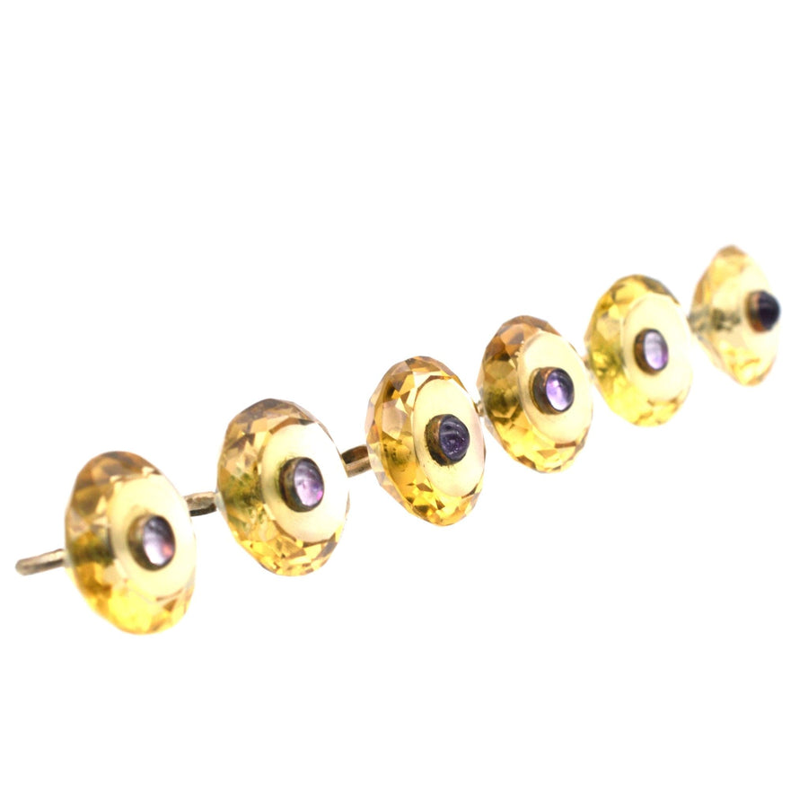 Art Deco dress set featuring citrine and amethyst studs, elegant cufflinks in original box.