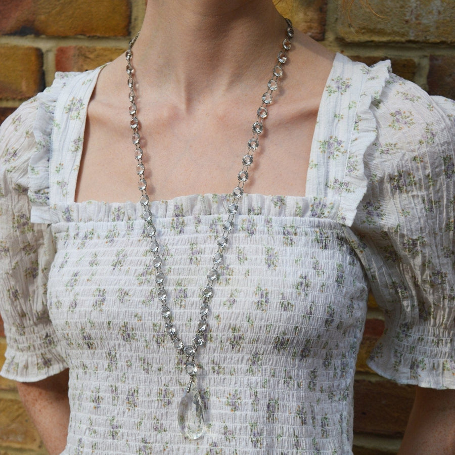 Art Deco silver long white paste necklace with a paste pear pendant, showcasing elegant design and fine craftsmanship.