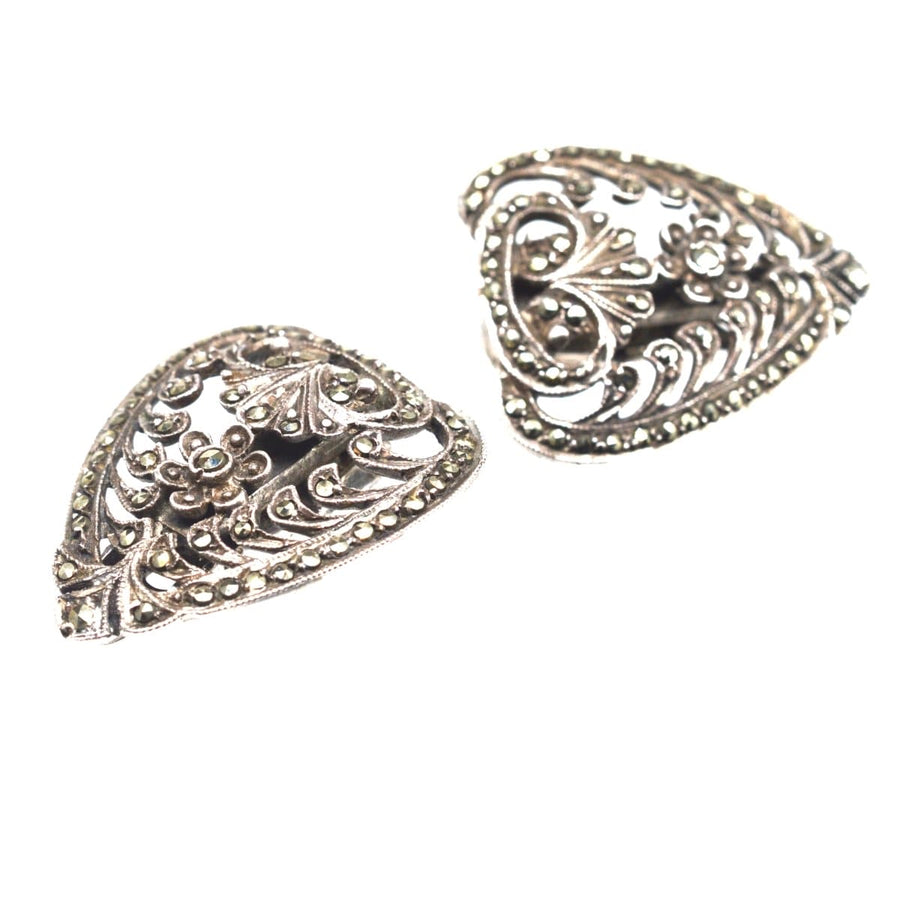 Vintage Art Deco silver and marcasite double clip brooch, intricate floral design, elegant 1920s jewelry.