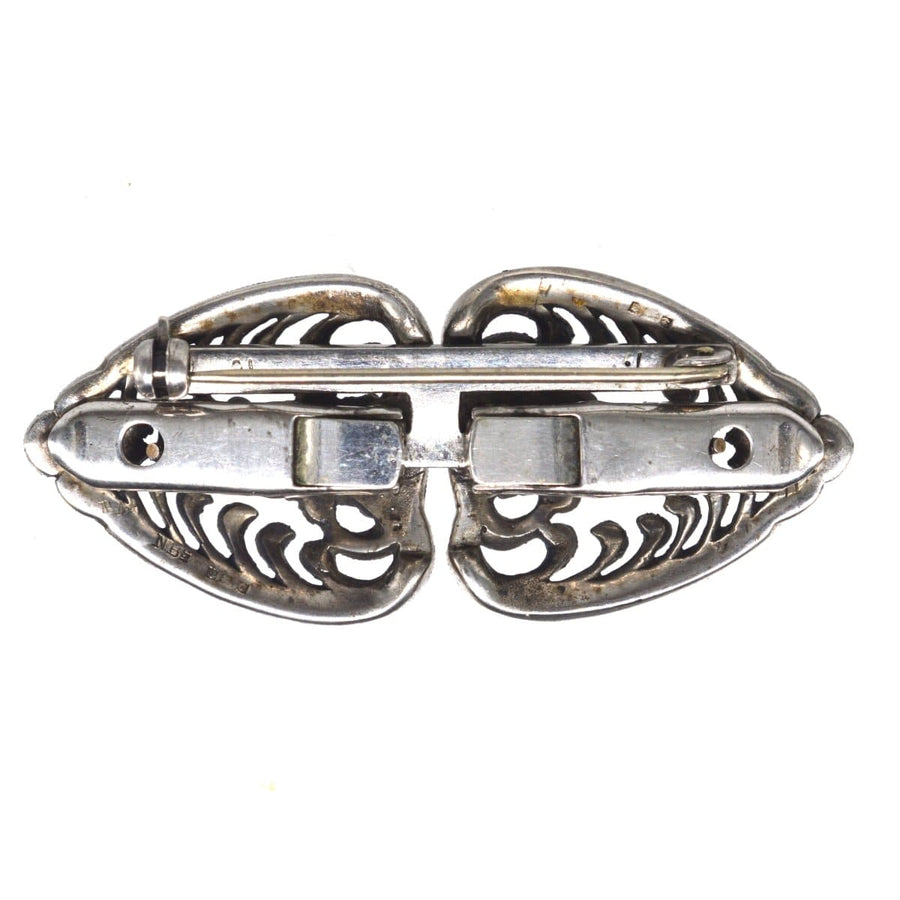 Art Deco silver and marcasite double clip brooch, 1927, versatile vintage jewelry piece.