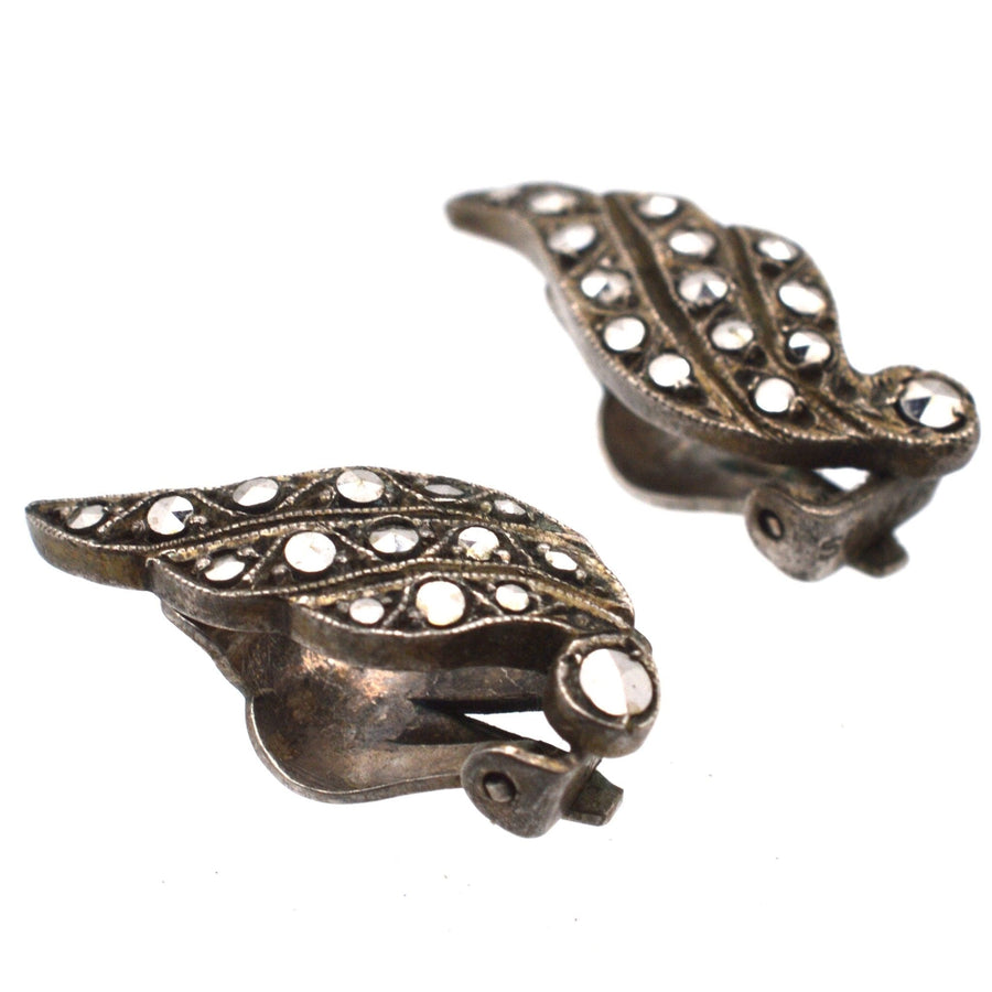 Art Deco Silver Marcasite Winged Clip On Earrings