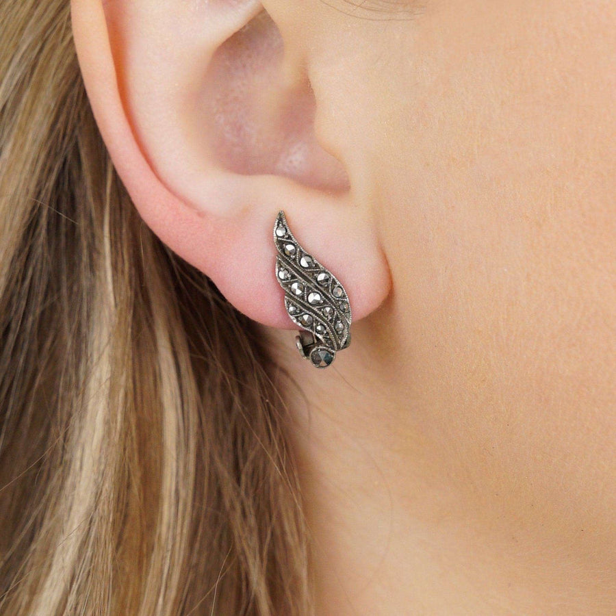Art Deco Silver Marcasite Winged Clip On Earrings