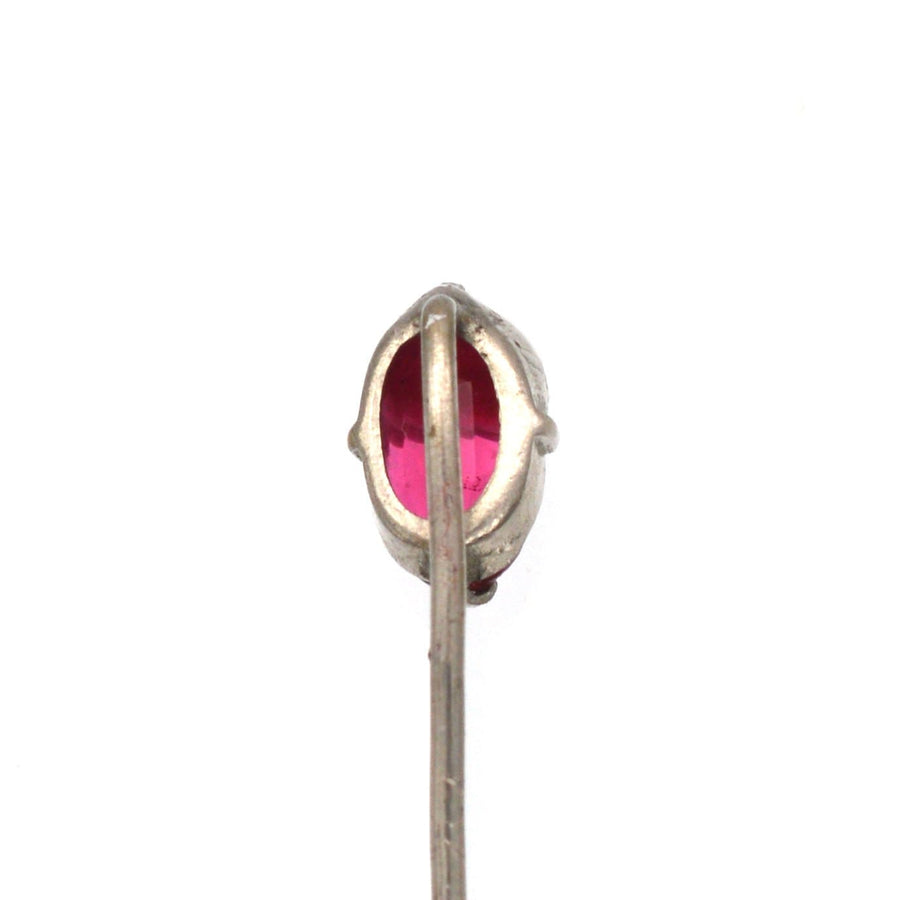 Art Deco silver tie pin featuring a stunning red paste that mimics pigeon blood rubies, 1920s costume jewelry.