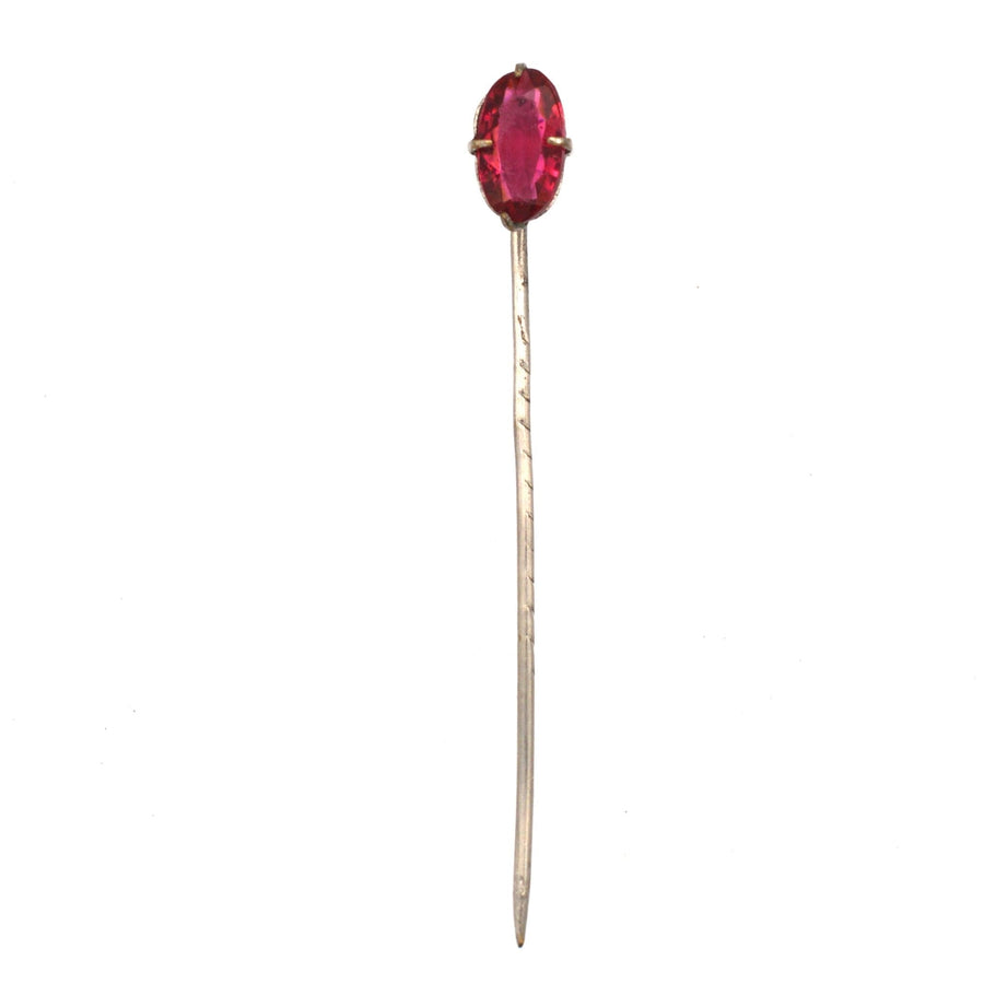 Art Deco silver tie pin featuring a red paste gem, replicating pigeon blood rubies, perfect for silk ties.