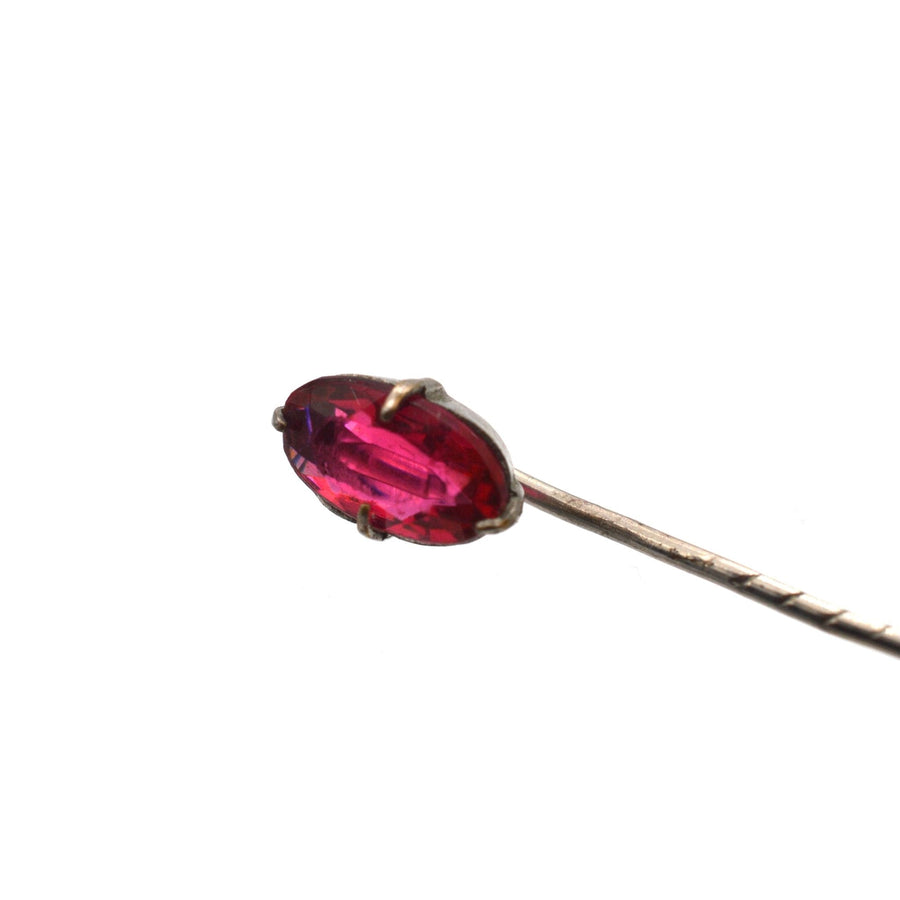 Art Deco silver tie pin featuring a red paste stone, mimicking pigeon blood ruby, elegant accessory for silk ties.