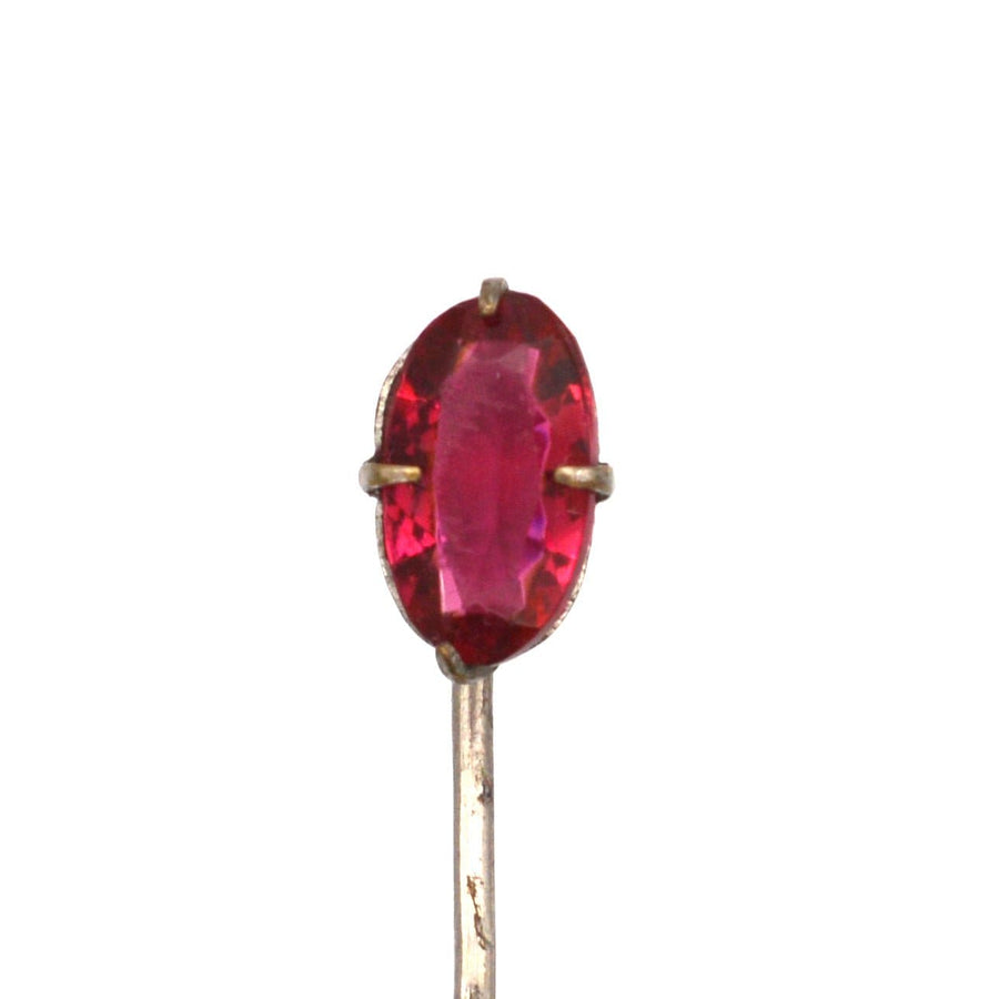 Art Deco silver tie pin featuring an oval red paste gem, perfect costume jewelry from the 1920s.