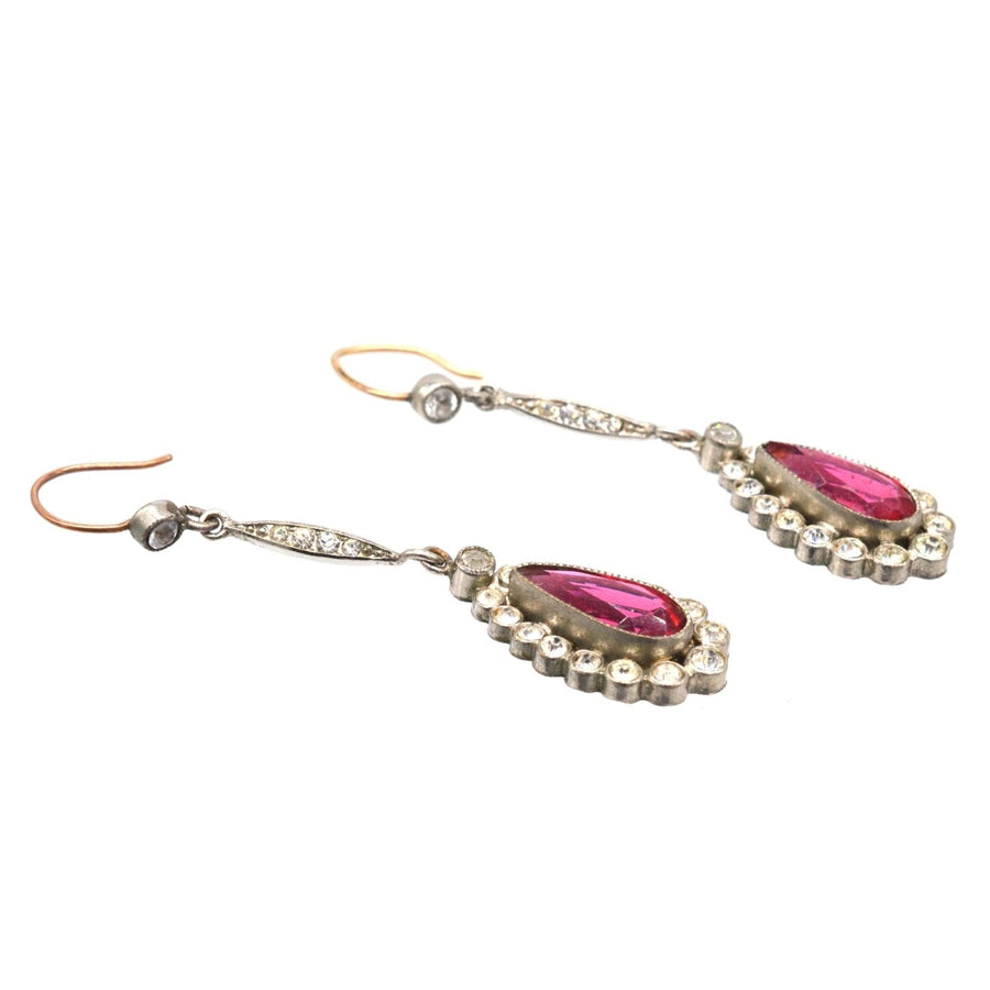 Art Deco silver-tone drop earrings with red 'ruby' paste in pear shape, vintage 1920s design.