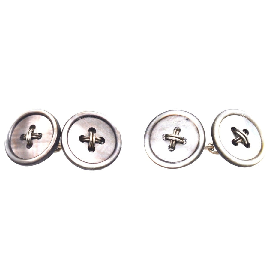 Art Deco Tahitian black mother of pearl button cufflinks for stylish outfits.