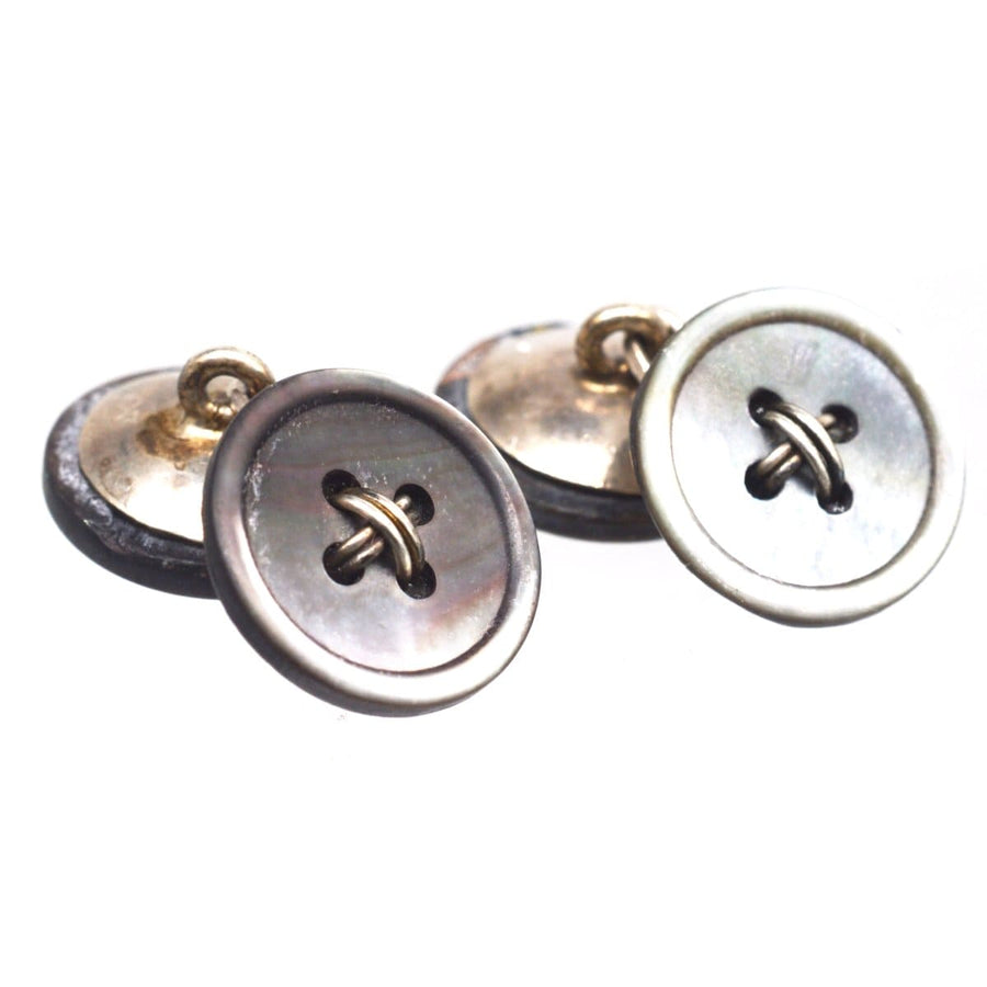 Art Deco Tahitian black mother of pearl button cufflinks with stylish metallic accents.