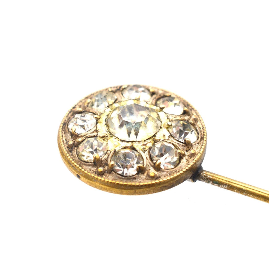 Art Deco white paste cluster tie pin with round design featuring sparkling rhinestones on a gold-tone base.
