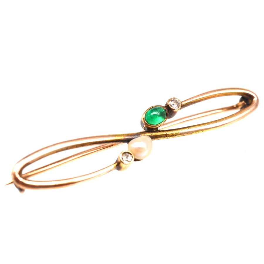 Art Nouveau 15ct Gold Cabochon Emerald, Pearl and Diamond Gold Brooch | Parkin and Gerrish | Antique & Vintage Jewellery