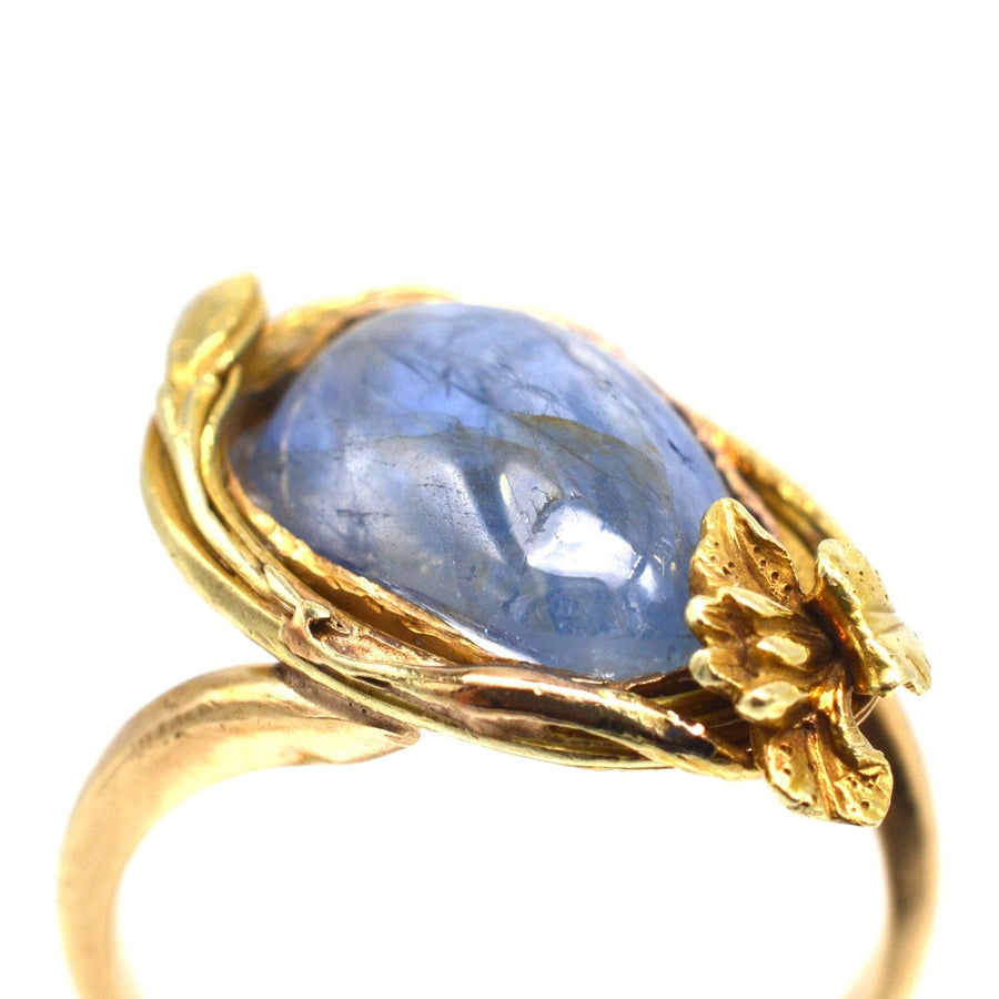 Art Nouveau 18ct Gold Double Cabochon Sapphire Ring with a Flower and Bud | Parkin and Gerrish | Antique & Vintage Jewellery