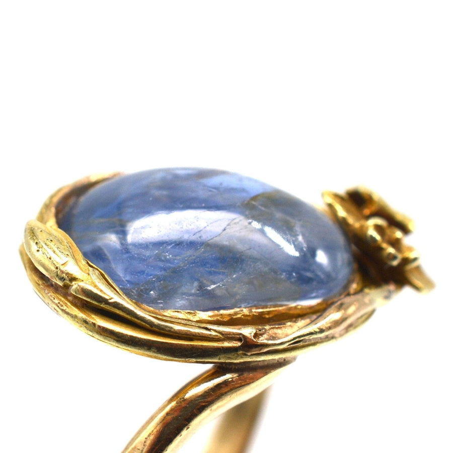 Art Nouveau 18ct Gold Double Cabochon Sapphire Ring with a Flower and Bud | Parkin and Gerrish | Antique & Vintage Jewellery