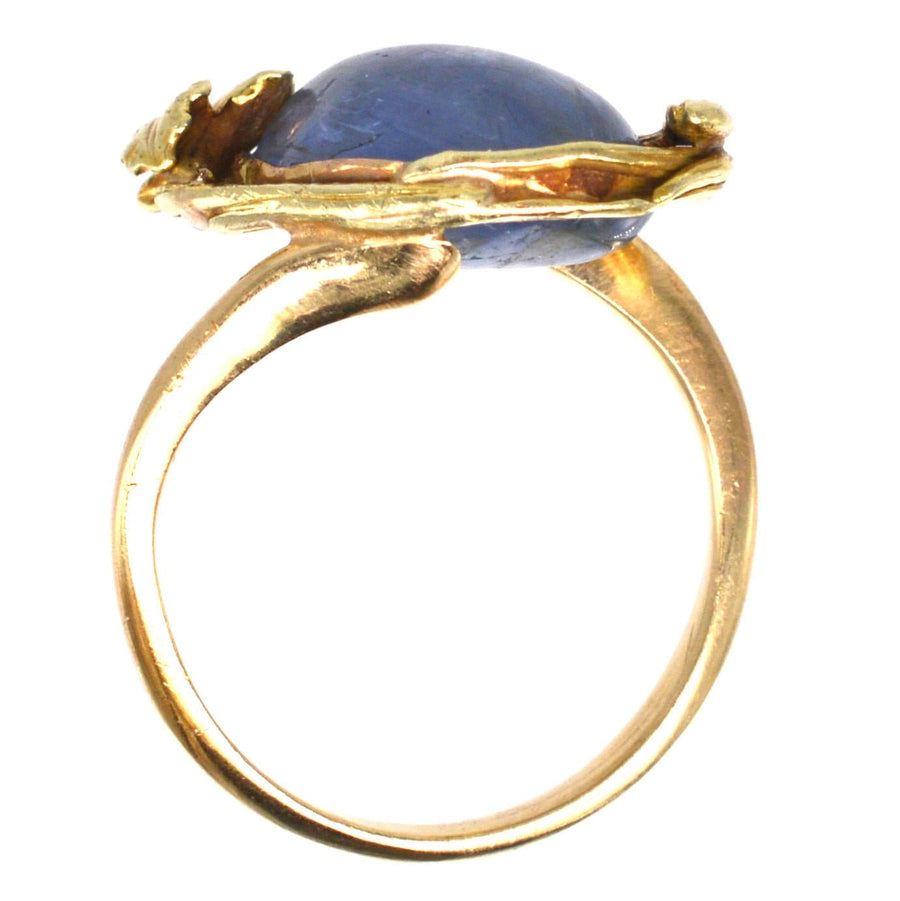Art Nouveau 18ct Gold Double Cabochon Sapphire Ring with a Flower and Bud | Parkin and Gerrish | Antique & Vintage Jewellery