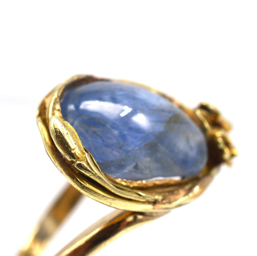 Art Nouveau 18ct Gold Double Cabochon Sapphire Ring with a Flower and Bud | Parkin and Gerrish | Antique & Vintage Jewellery