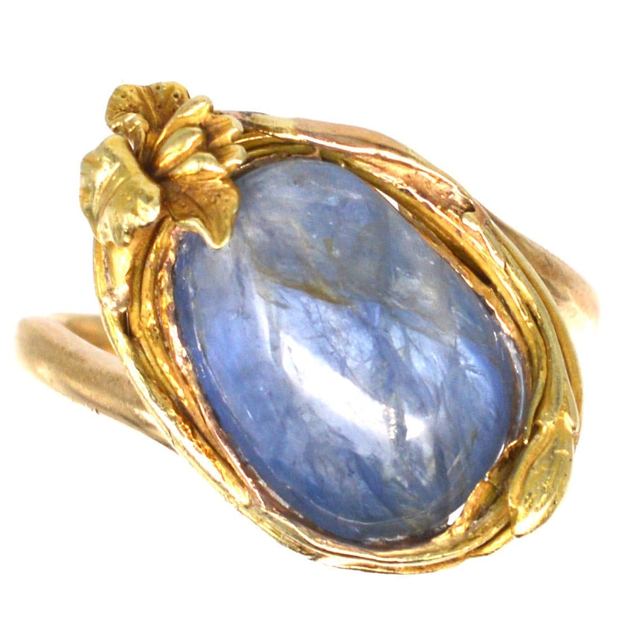 Art Nouveau 18ct Gold Double Cabochon Sapphire Ring with a Flower and Bud | Parkin and Gerrish | Antique & Vintage Jewellery